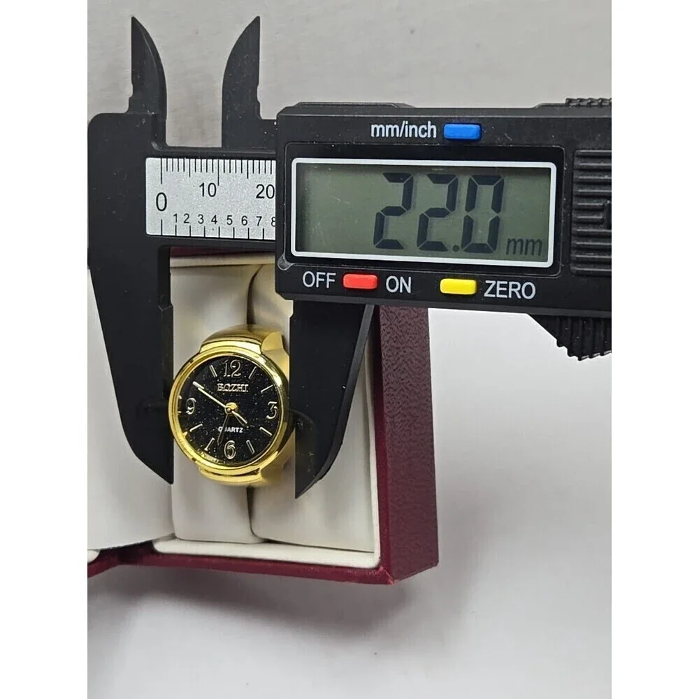 Bozhi Gold Tone Quartz Ring Watch Black Dial New Battery Retro Stretch Accessory